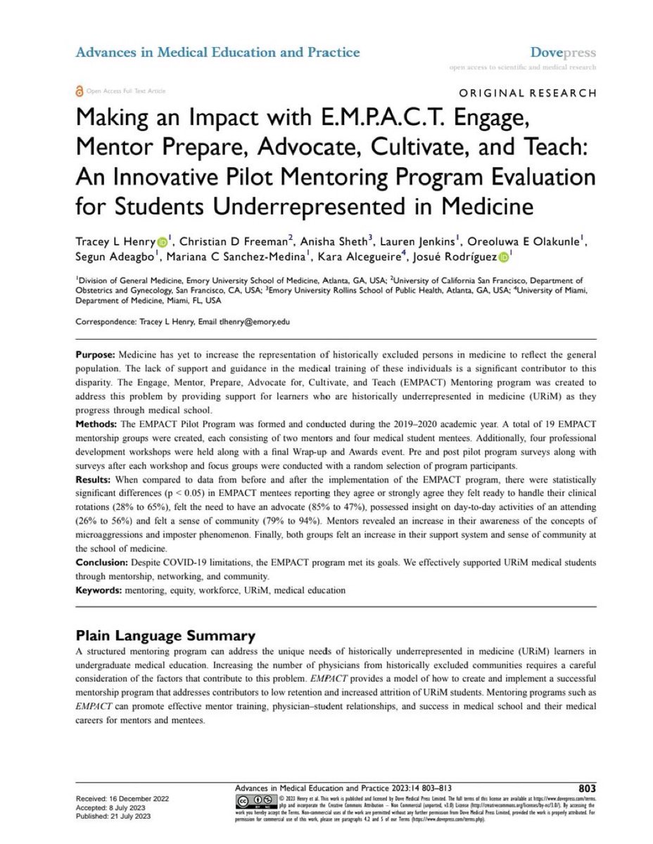 We are so proud to share our new paper outlining our innovative structured #mentorship program with statistically significant outcomes in #MedEd @EmoryMedicine #MedTwitter #MedStudentTwitter #Leadership team @docwithapurpose @chrissyfreeMD @RodzJosue 👉🏼ncbi.nlm.nih.gov/pmc/articles/P…