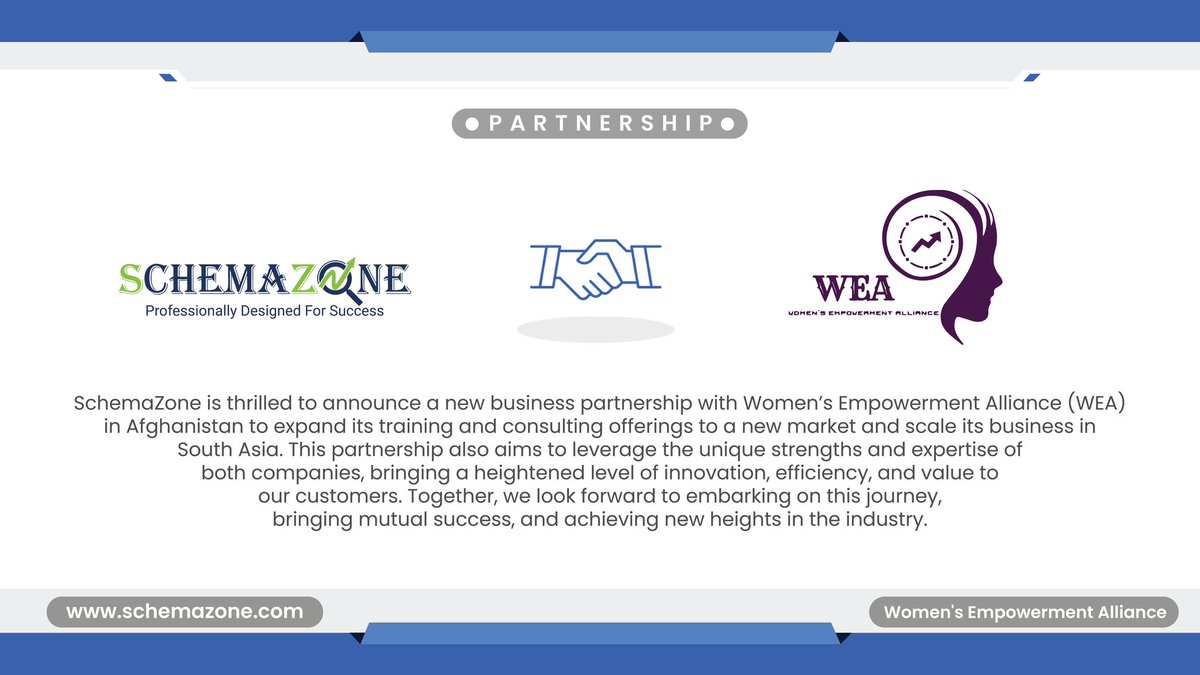 SchemaZone is thrilled to announce a new business partnership with Women’s Empowerment Alliance (WEA) in Afghanistan to expand its training and consulting offerings to a new market and scale its business in South Asia.