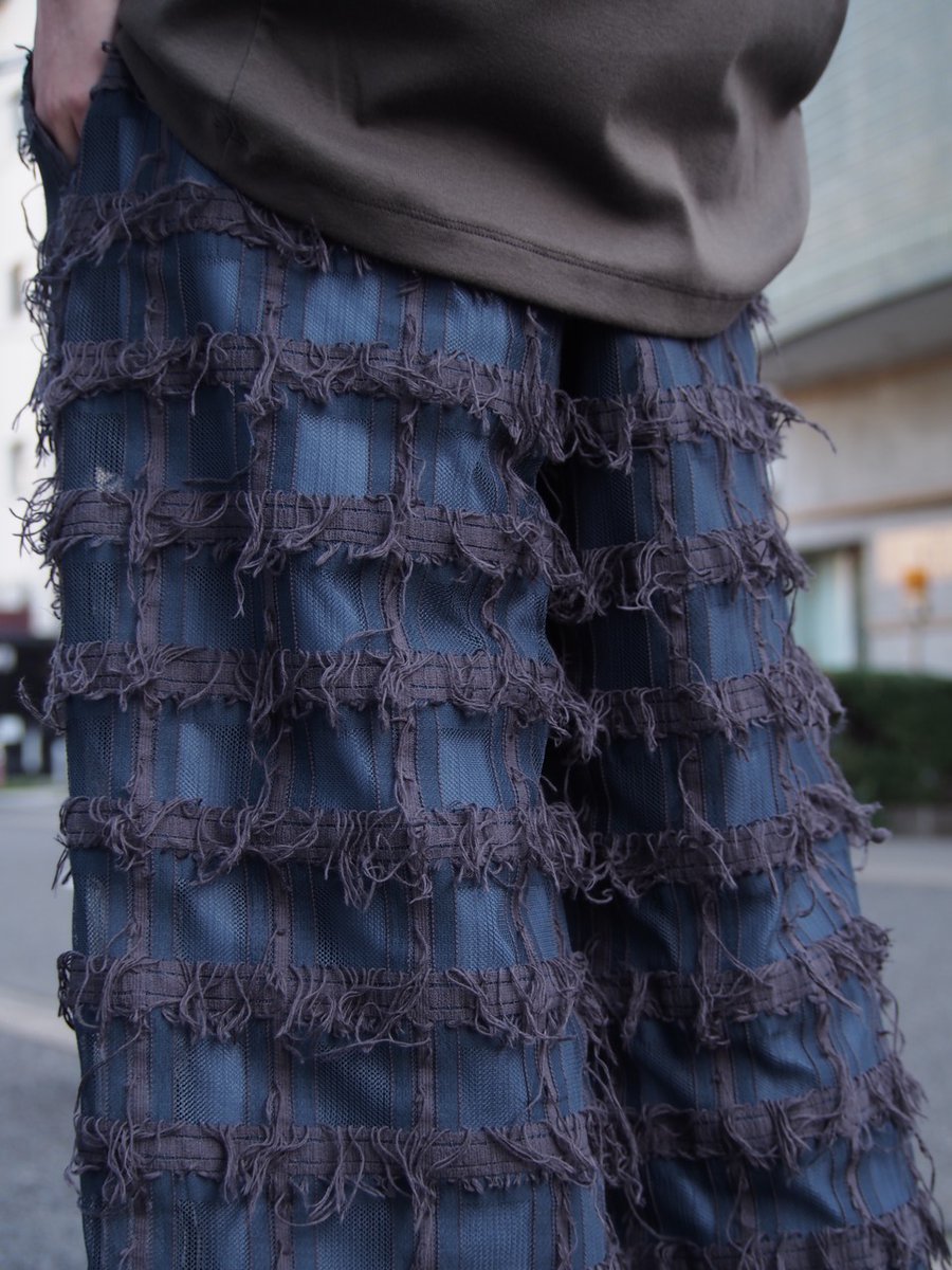 fronowhere's tweet photo. 【sale】 
【RYU】fringe checked lace 4/5 wide pants（blue grey）【ryu-s2221】¥20,720- *sale price
model：163cm 
https://t.co/nlUVtFj4ym https://t.co/B44rLainv9