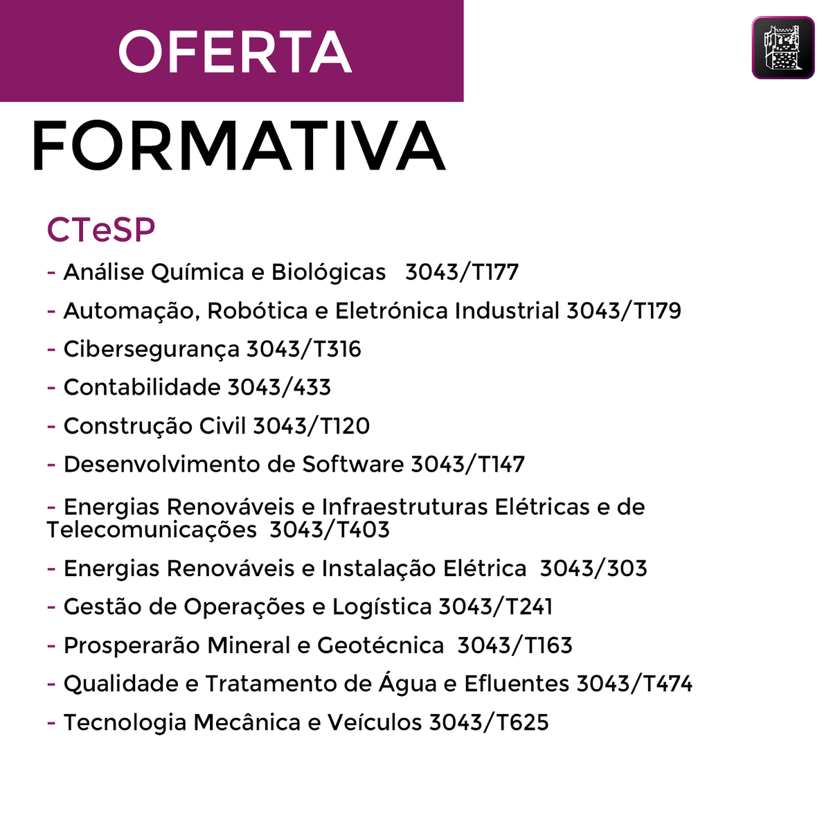 aeestig's tweet photo. Oferta Formativa na Escola Superior de Tecnologia e Gestão.
12 Cursos Técnicos Superiores Profissionais, 12 Licenciaturas, 11 Mestrados e 2 Cursos de curta duração. https://t.co/viJWGWyxsb