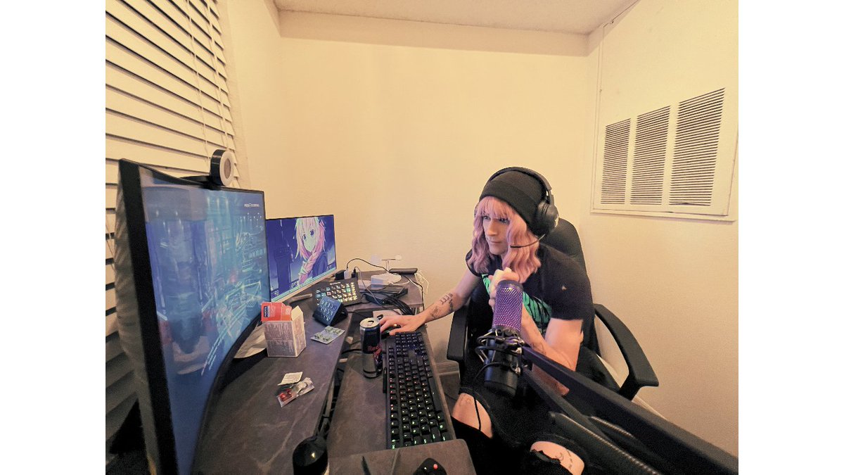 BBandZe's tweet photo. Dressed up, feeling cute, and ready to play games. I got all this stuff; maybe I should start streaming. What do you think, would you watch? 🥺

#Femboy #Cyberpunk2077 #Twitch #Streamer https://t.co/FWHZG622Nj