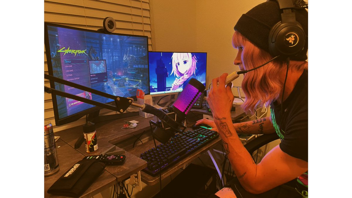 BBandZe's tweet photo. Dressed up, feeling cute, and ready to play games. I got all this stuff; maybe I should start streaming. What do you think, would you watch? 🥺

#Femboy #Cyberpunk2077 #Twitch #Streamer https://t.co/FWHZG622Nj
