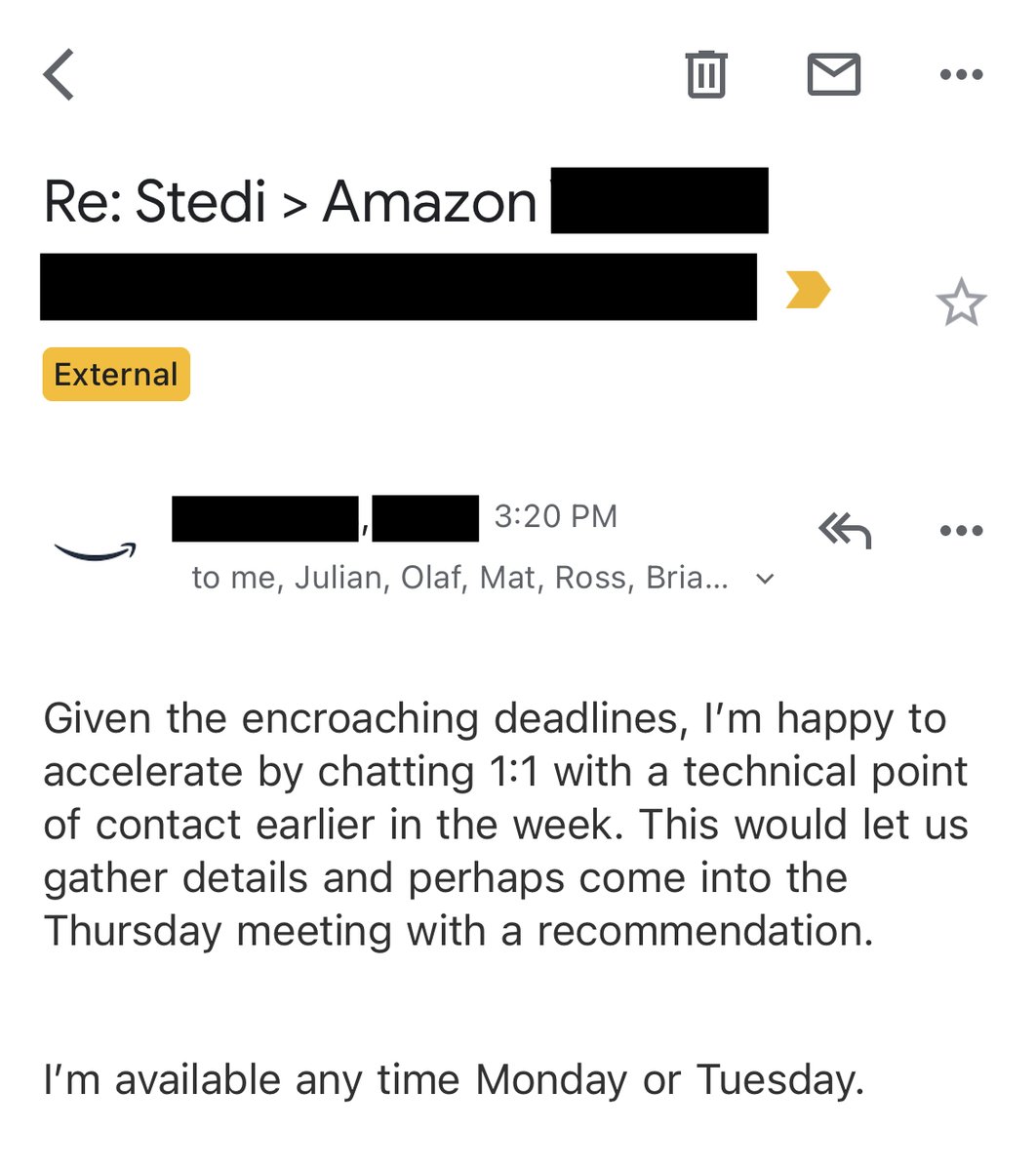 zackkanter's tweet photo. one example of why it's so hard to compete w/AWS: we ran into a roadblock implementing new AWS service. already have call scheduled for thurs. to speed things up, engineer emailed on a saturday offering to jump on a call 'any time Monday/Tuesday.'

he's been at Amazon since 1999. https://t.co/IoiApG3LuG