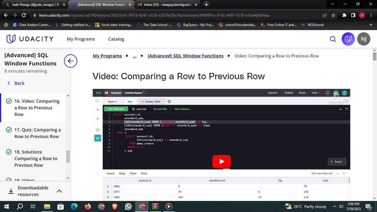 jcndata's tweet image. DAY 12: I continue on #SQL Aliases for Multiple Window Functions to make your code readable, Comparing a Row to Previous Row using the LAG() &amp;amp; LEAD() FUNC
#30daysofcodewithobi #LearnDataAnalyticswithTina #DataAnalytics #udacity #dailylearning #dataanalysisskills #data #networking