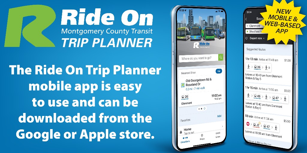 MCDOTNow's tweet photo. #DidYouKnow The Ride On Trip Planner App is available via web browser 💻 and mobile📱 app. It's #FREE to download too!
Details▶️https://t.co/SrDRDYHrOl
#montgomerycountymd #germantownmd #gaithersburgmd #olneymd #chevychasemd #potomacmd #rideonbus #tripplanner #weekend https://t.co/6NYt3JWyYD