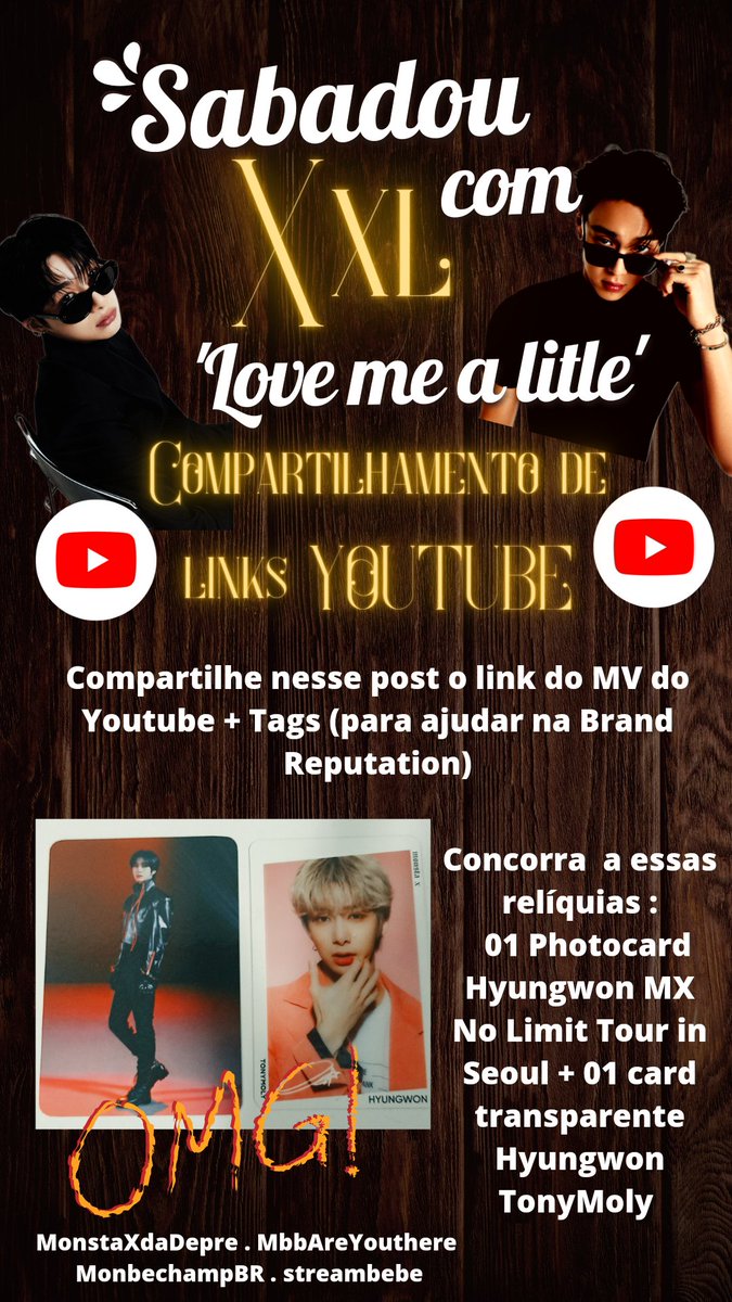 MonstaXdaDepre's tweet image. 🚨Support XXL #LoveMeALittle 

Mbb chegou a hora de vc deixar aqui seu link do YT + tags e concorrer a um kit de cards top!🥳

⚠️ Meta : 1000 comentários 
(Sorteio após bater meta)

📃Regras:
Like, rt , link + tags👇
#SHOWNU #셔누
#HYUNGWON #형원
#몬스타엑스  
@OfficialMonstaX