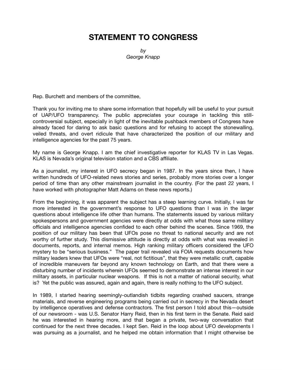 UAPJames's tweet photo. George Knapp’s 4 page letter to Congress which was entered into the Congressional Record by Rep. Tim Burchett at the House Oversight Committee UAP Hearing on July 26, 2023.

#ufotwitter #ufo #uap https://t.co/TWV6iPJfV7