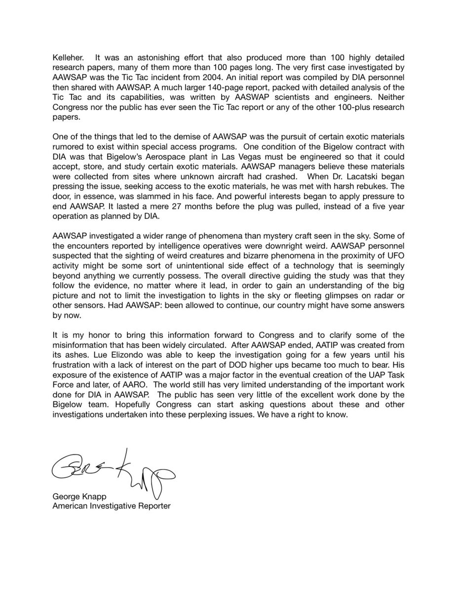 UAPJames's tweet photo. George Knapp’s 4 page letter to Congress which was entered into the Congressional Record by Rep. Tim Burchett at the House Oversight Committee UAP Hearing on July 26, 2023.

#ufotwitter #ufo #uap https://t.co/TWV6iPJfV7