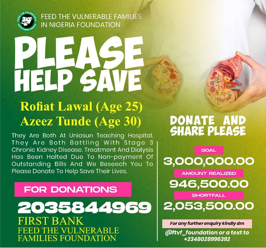 ftvf_foundation's tweet photo. "My pain doesn’t seem to go away, or even if it feels like it has gone away, it comes back before my next dose of pain medicine is due," says Rofia

Azeez and Rofia are Chronic Kidney Disease stage 5 patients. They need all of us to get the right treatments to control these pains.

The sad part is that treatments have been stopped for more than 3 weeks, and this is causing more complications and damages.

Abd Azeez has a hard time talking about his pain. He is depressed and tired of days without dialysis.

Your ₦500, ₦1,000, ₦5,000 to this campaign will help us in this quest to ensure these two are placed back on the treatment bed and their pains subsides.

Donation link: https://t.co/e5WEi9LRWo

Kindly donate and help share with friends, families, colleagues, and followers. You can also share this or tag those whom you know can help

@ORohimot @dansatty @FotoNugget @Remmzor__ @__communicator_ @FaruqBashar @Halfourlabi @enisullyman @legendary__xx @shuksy_da_gold @Mz__Bookie @habibat_orente @___Bils @Hauwa_L @Oluwamuminiyi @Wazpapping @zahynnab @dosunmu_ganiyat @ibrahimabdgawad @Mr_JAGs @Khadijaowolabi @peng_writer @SaheedMJimoh @Literaldiva @everday_mee @EtuboLion @RealAdeshina @Khx_11x @Khanstillday @KhaleedSZN @dammiedammie35 @dammy_pep