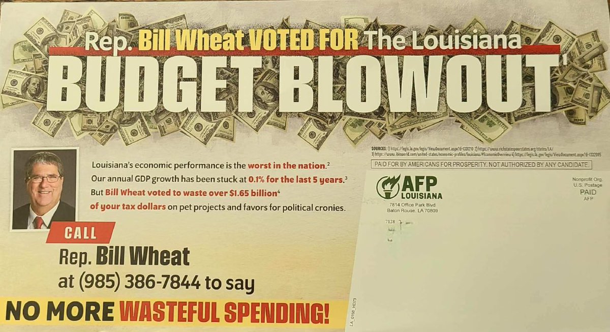 LaPoliticsNow's tweet image. POSTAL POLITICS: Certain #LaLege members were greeted today with hit pieces from @AFPLouisiana. The mail focuses on lawmakers who supported the #lagov surplus spending &amp;amp; opposed a #laed package. This is an early preview of the fall’s election action. Stay tuned for more in