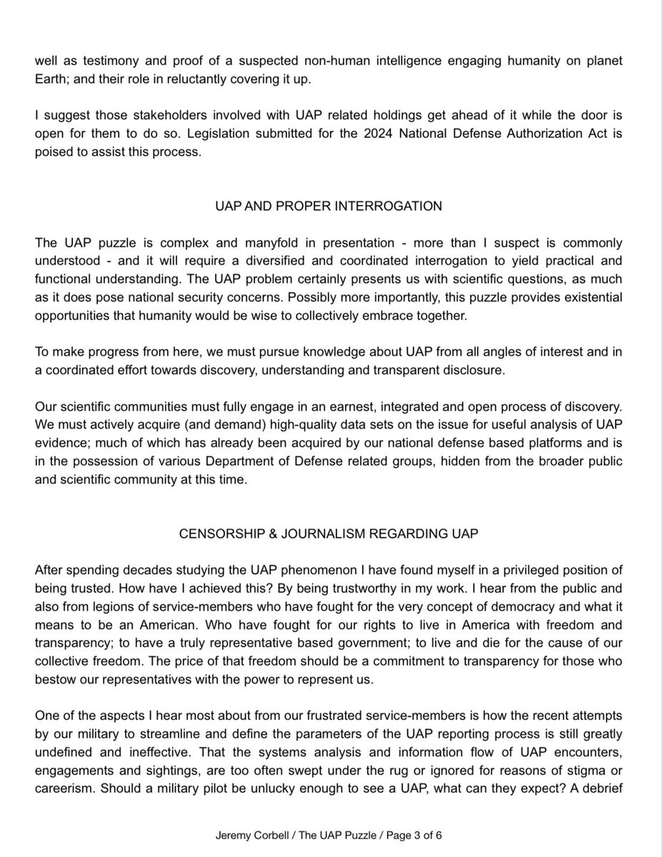 UAPJames's tweet photo. Jeremy Corbell’s 6 page letter to Congress which was entered into the Congressional Record by Rep. Tim Burchett at the House Oversight Committee UAP hearing on July 26, 2023.

#ufotwitter #ufo #uap https://t.co/g1xpoviFix