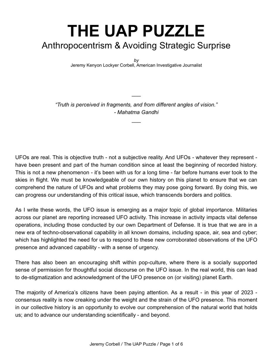 UAPJames's tweet photo. Jeremy Corbell’s 6 page letter to Congress which was entered into the Congressional Record by Rep. Tim Burchett at the House Oversight Committee UAP hearing on July 26, 2023.

#ufotwitter #ufo #uap https://t.co/g1xpoviFix