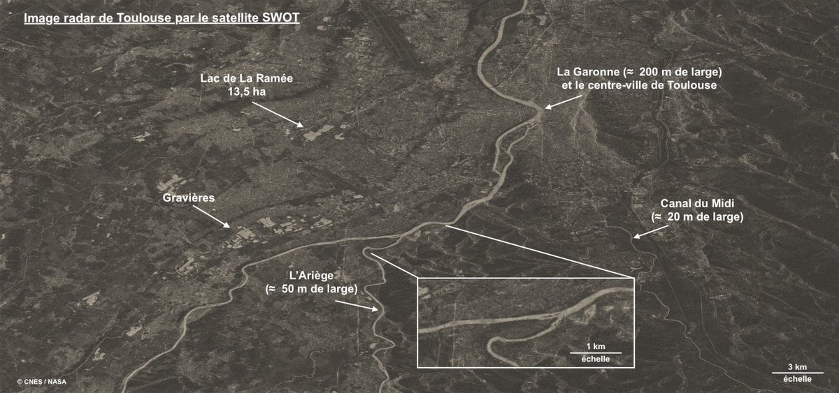WhyNicolasWhy's tweet photo. Image radar de Toulouse par le satellite SWOT : alors que les spécifications requéraient des fleuves et rivières d’au moins 100 m de large (comme la Garonne), SWOT peut aussi observer le Canal du Midi (20 m de large) ! Les hydrologues sont déjà ravis des futures applications 🤩 https://t.co/Db5v1P0KyF
