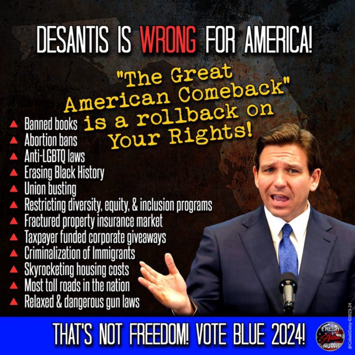 @RonDeSantis That's rich coming from a man who weaponized the state government to punish a corp for exercising their freedom of speech, took control over college to create an indoctrination curriculum,  and stomped on local governments right to self-rule.
#DeSantisIsADangerToTheUSA