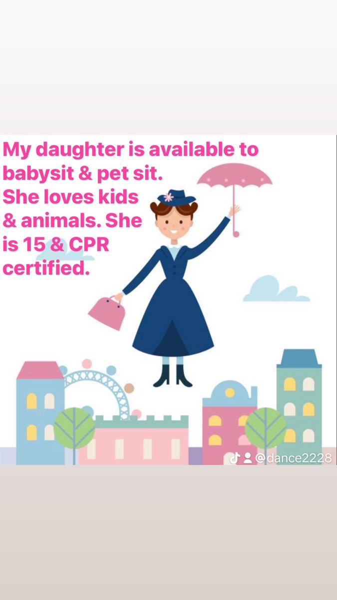 musicnerd2228's tweet photo. My daughter is available to babysit 
&amp; pet sit. She loves kids &amp; animals. She is 15 &amp; CPR certified.👩‍🍼🐶🐈 #babysit #petsit #cprcertified #babysitting #petsitting #kids #pets #children #animals #child #family #parents #fun #babysitter https://t.co/BgjxdbLkH2