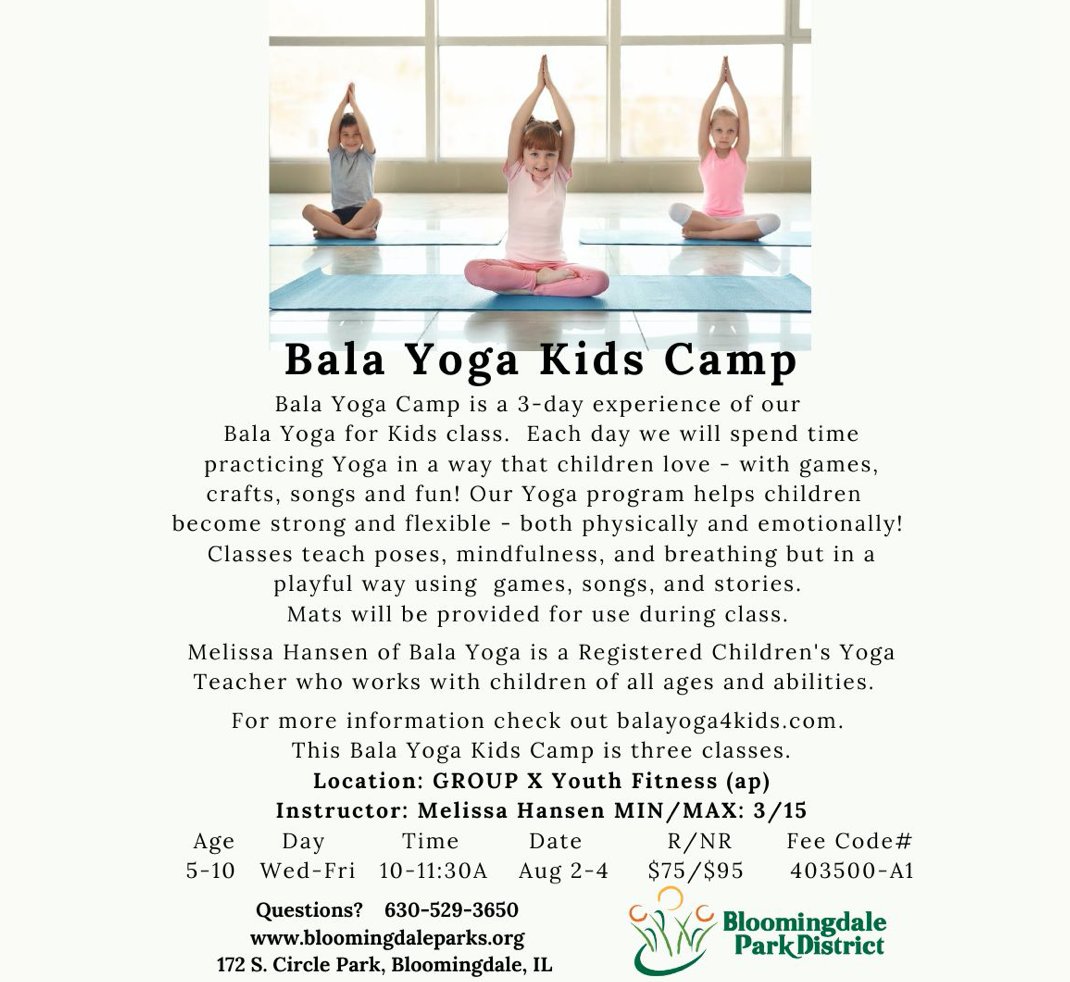 Join us Wednesday-Friday mornings for Kids Yoga Camp <a href="/BlmngdaleParks/">Bloomingdale Parks</a>!
We'll be breathing, moving, singing, listening to stories, and doing crafts each day.
tinyurl.com/balayogacamp
