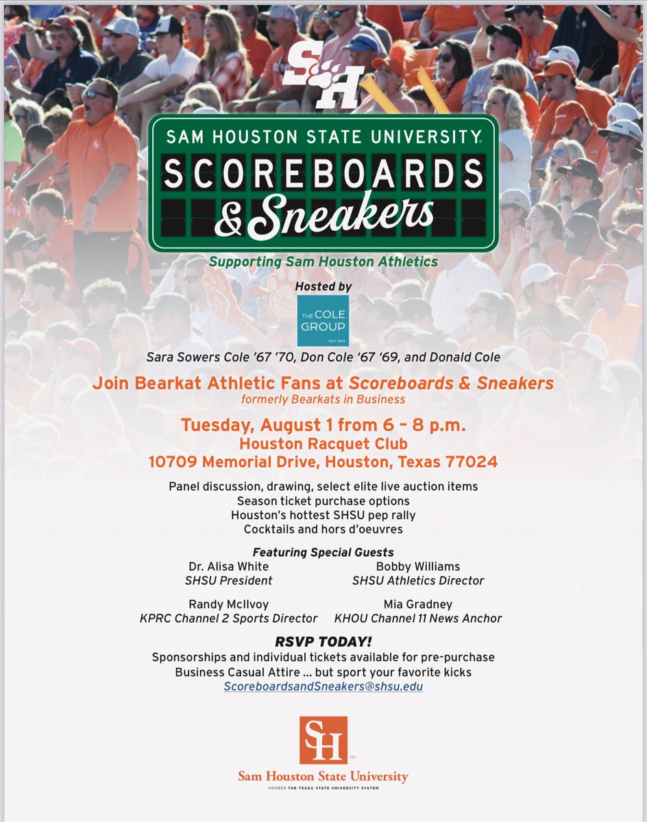 Randy McIlvoy (@kprc2randymc) on Twitter photo Hey <a href="/BearkatSports/">Sam Houston Athletics</a> <a href="/SamHoustonState/">Sam Houston State</a> Alums! Join us Tuesday Night here in HOU 6pm to 8pm !! Time to celebrate the move to <a href="/ConferenceUSA/">Conference USA</a> and Bearkats Vision for the future! <a href="/CoachKCKeeler/">KC Keeler</a>
<a href="/BobbyWilliamsAD/">Bobby Williams</a> <a href="/SHSUPresWhite/">Alisa R White</a> Hey <a href="/BearkatSports/">Sam Houston Athletics</a> <a href="/SamHoustonState/">Sam Houston State</a> Alums! Join us Tuesday Night here in HOU 6pm to 8pm !! Time to celebrate the move to <a href="/ConferenceUSA/">Conference USA</a> and Bearkats Vision for the future! <a href="/CoachKCKeeler/">KC Keeler</a>
<a href="/BobbyWilliamsAD/">Bobby Williams</a> <a href="/SHSUPresWhite/">Alisa R White</a>