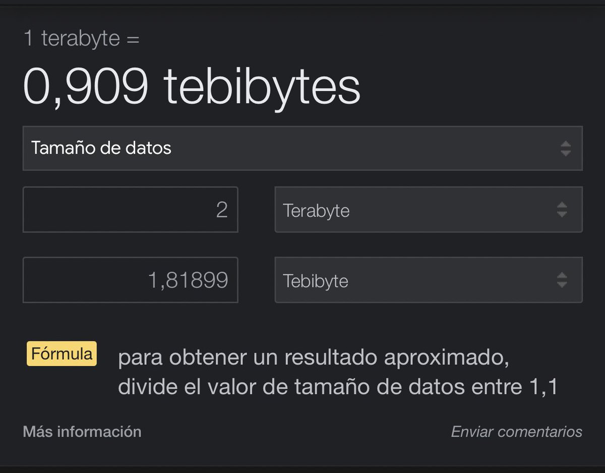 <a href="/sfdxpro/">SfdxShow 🛡️</a> Terabytes ≠ Tebibytes

Lo que te marcan los fabricantes es en base 10 (sistema internacional)
-10^12 sistema internacional, lo que marca la caja (Tera)
-2^40 sistema binario, lo que lee el sistema operativo (Tebi)