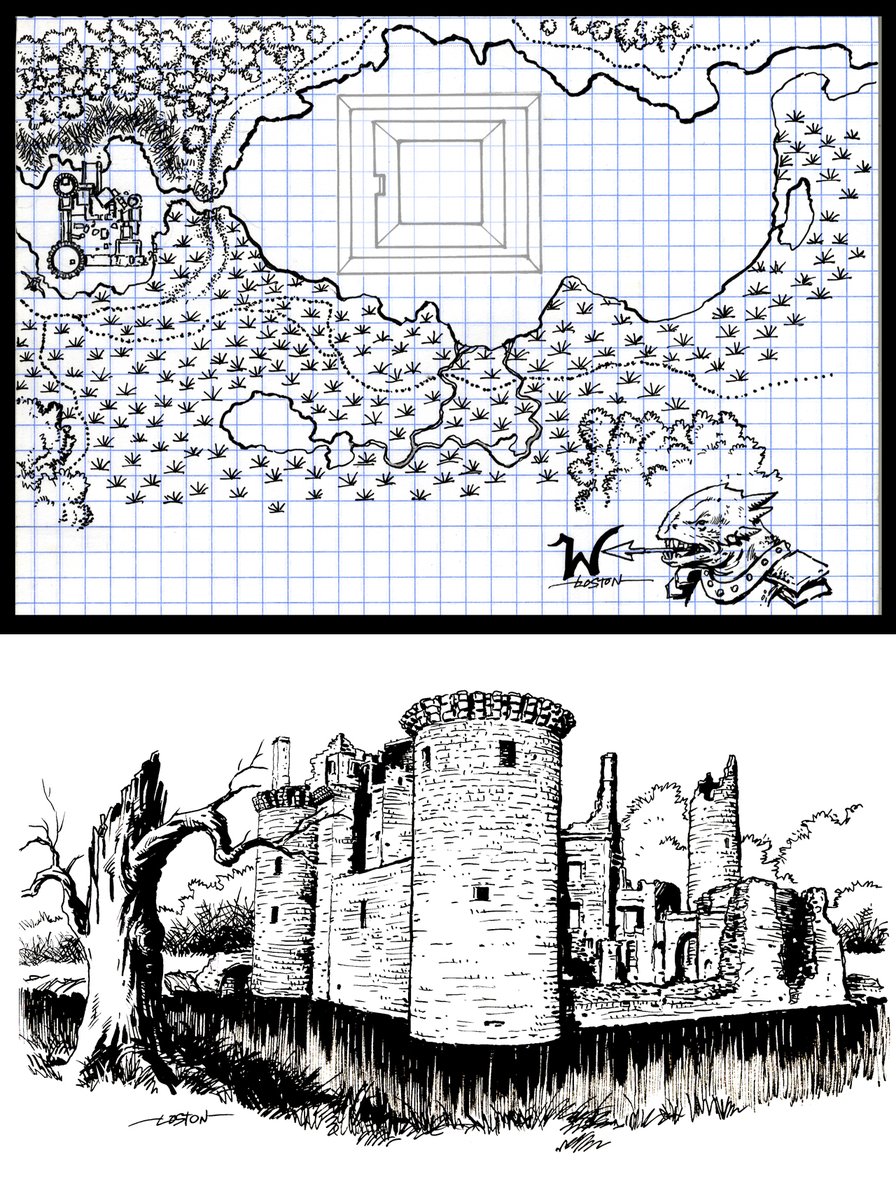 Loston_Wallace's tweet photo. #AdvancedDungeonsAndDragons #DAndDMaps #GamingIllustration
This is one of my hand-drawn maps from a AD&D adventure in my on-going campaign. This is the ruins of the Moat House near Roan Lake. Maps (including the master area map in color) and an illustration for the players. https://t.co/VssYCwuB8y