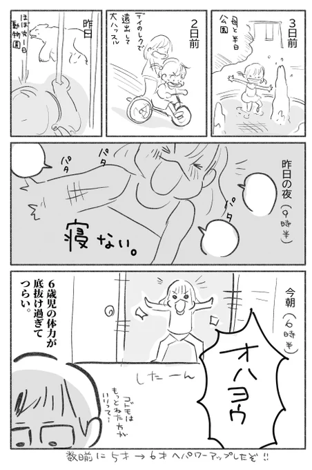 連日遊んで、出先で誰よりも大騒ぎしてるのに誰よりも元気なこのエネルギーは一体どこから出てくるんだろう。ご飯もあんま食べずウィダーinだけで半日活動する燃費の良さ。 上の子はここまでじゃなかったので、個性なんだろうな。多動っ子って体力持て余してんだよね。 レク行ってくれるデイに感謝…