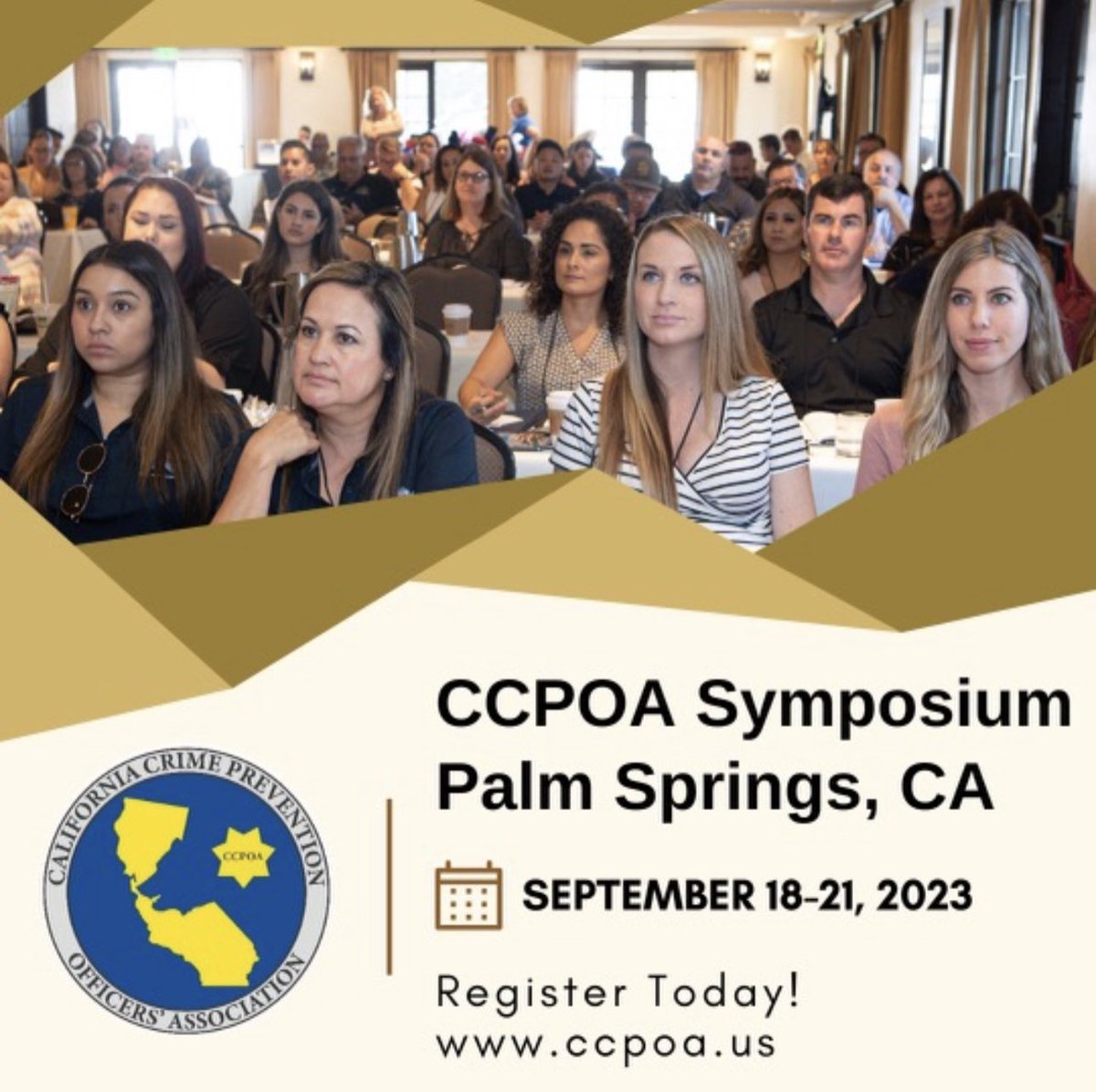 CCPOA_us's tweet photo. Have you registered yet? Hurry and register today before we sell out! You won’t want to miss the amazing expert speakers and fun in the sun at Palm Springs. 🔗 in our bio. @CCPOA_us #crimeprevention #lawenforcement #police #pio #communitypolicing #training https://t.co/2g9d5swORb