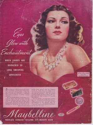 maybellinebook.com
1940s Maybelline ad features Super Star Rita Hayworth, Hollywood's leading Sex Symbol during WWII. 
#vintagestyle #vintageinspired #classicfilmstars #vintagehollywood #bookstoread #themaybellinestory #Hollywoodhistory