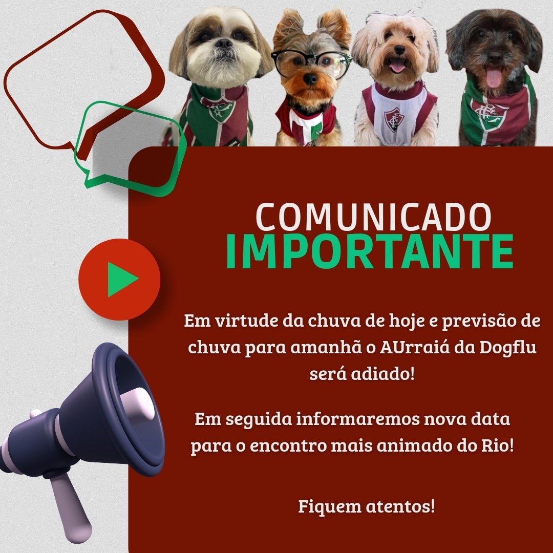 _dogflu_'s tweet photo. Em função da chuva de hoje e a previsão de chuva para amanhã, estamos adiando o encontro da Dogflu!
A ideia é realizar o encontro no próximo final de semana. Confirmaremos em seguida! https://t.co/Z18g9kfemR