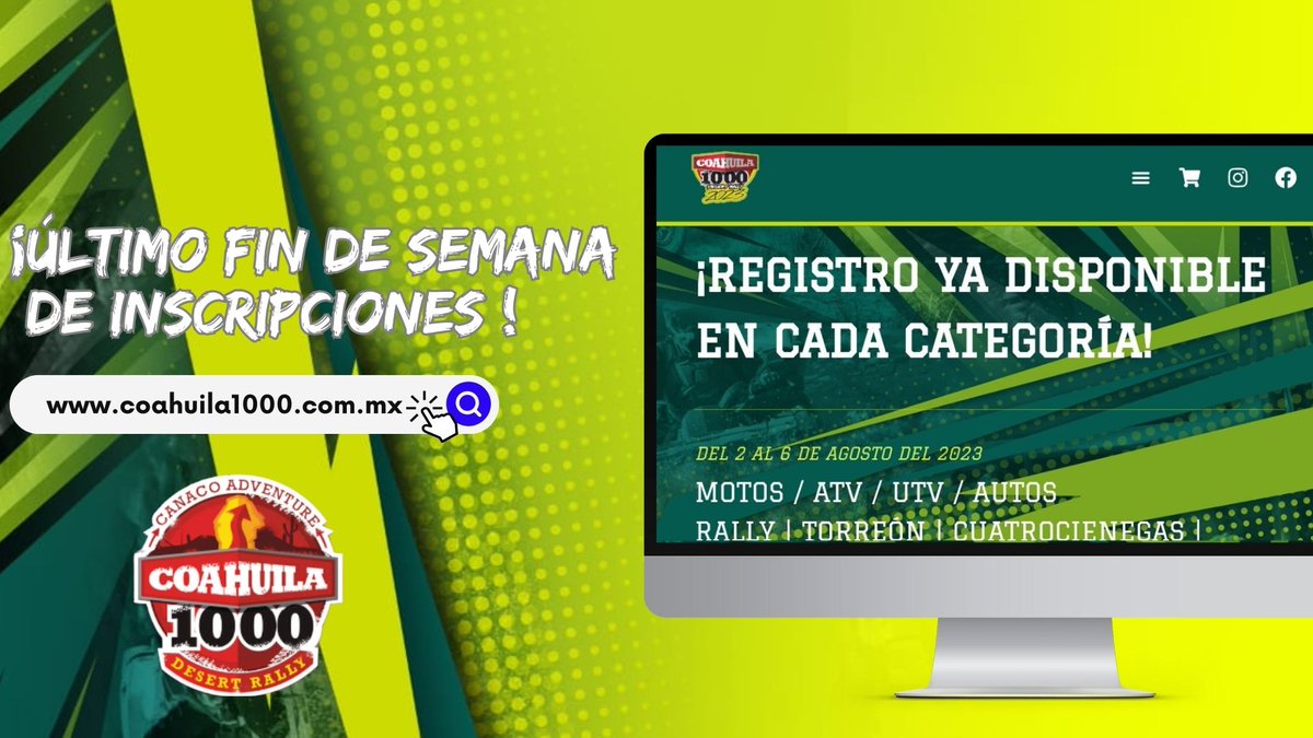 🚨ÚLTIMO FIN DE SEMANA DE INSCRIPCIONES 🚨

El lunes 31 de Julio se cierran las inscripciones ⏳️ 
No te quedes Fuera y entra a:

👉🏼coahuila1000.com.mx 

El desierto de espera 💣🔥🌵

#coahuila1000 #CanacoAdventure #HazTurismoEnCoahuila