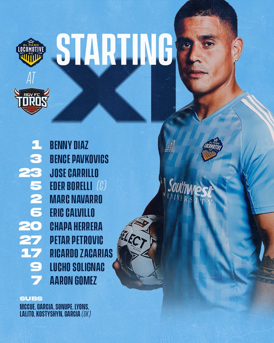 eplocomotivefc's tweet photo. Your starters for tonight's Copa Tejas Showdown! 🤠

#RGVvELP #CincoDeLocos #VamosElPaso https://t.co/oiUP4D4aB0