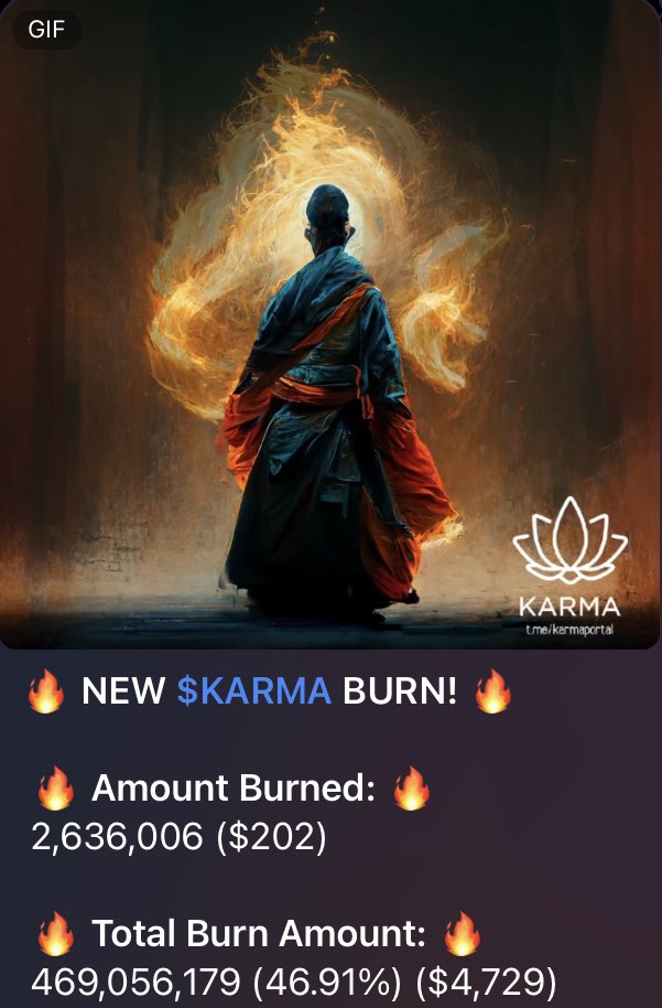 A community member just burnt a lot of their own $Karma

We are now near 47% burnt

Our community is one of the strongest in #Crypto

We are over 310 days old. Still going, and still burning.

Karma is one of the most scarce tokens in history.

We started at 0% burnt now at 46.9%