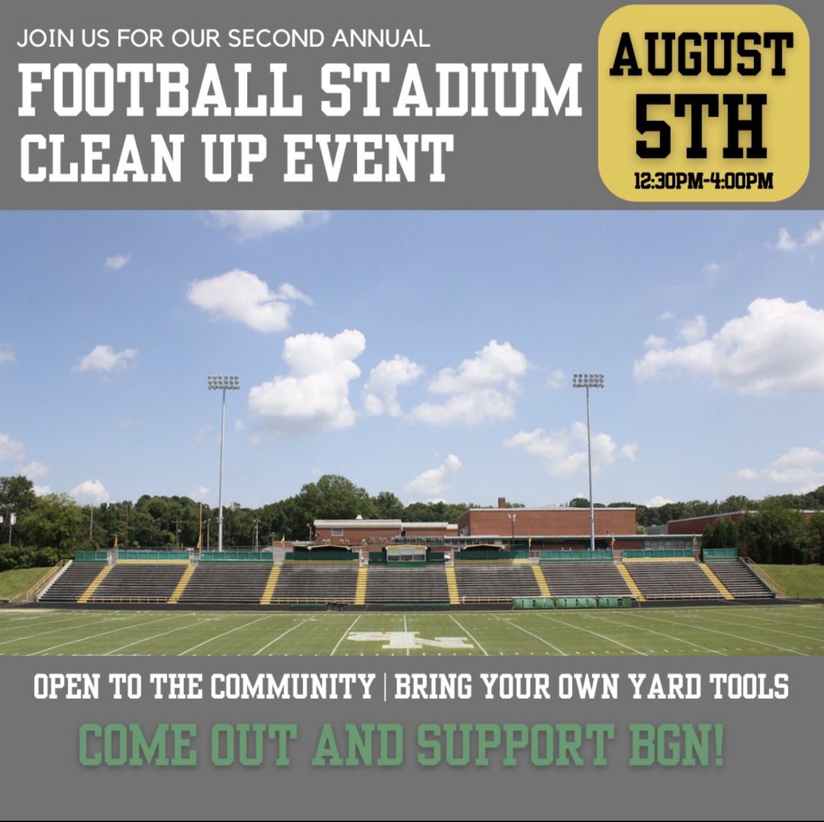 🚨 Attention BGN Community 🚨

Please join us next Saturday, August 5th from 12:30pm-4:00pm for our annual football stadium clean up event. There will be hamburgers, hotdogs, and other refreshments. Bring your own yard tools.

Come out and support your Cavaliers ‼️🏈
