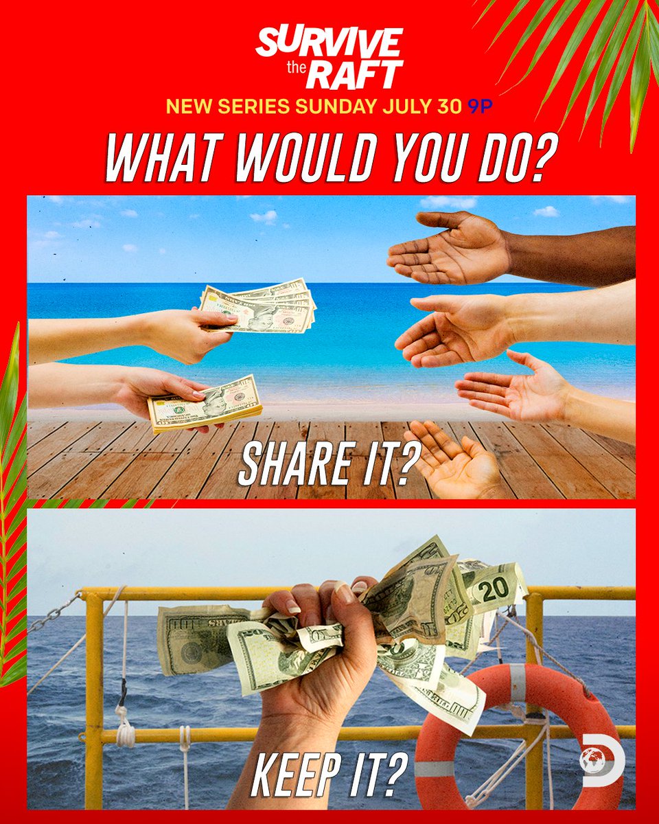 Discovery's tweet image. What would YOU do? 👇
You're on a bounty mission with 8 teammates. You are each sent alone to retrieve a box with $2000 in it. You can keep it for yourself, and no one knows, or you can share it with your team. Let us know in the comments!
 🛟 #SurvivetheRaft
🗓 TONIGHT at 9p