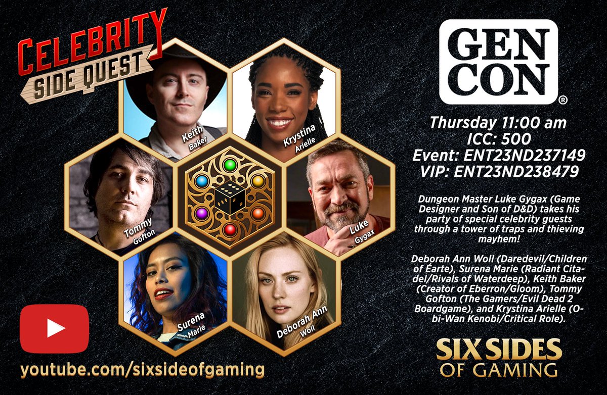 lukegygax's tweet photo. I get to DM for this august group Thursday August 3rd at Gen Con.  Get a ticket and come watch the fun. https://t.co/5GeCQwnh3h 
VIP seating - https://t.co/vD9Wvs3NRc 

#SSG #GENCON2023 #DND #celebritysidequest #lynnvander @sixsidesofgaming #gygax https://t.co/QppIlTiUXg