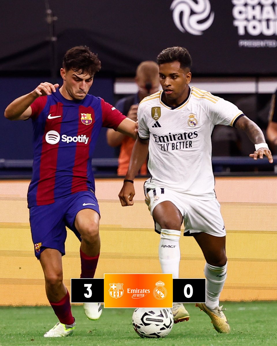 realmadrid's tweet photo. 🏁 FP: @FCBarcelona_es 3-0 @RealMadrid
⚽ Dembélé 15', Fermín López 85', Ferran Torres 90'+1'
#RealMadridOnTour | #Emirates https://t.co/CE6dpaOAWv