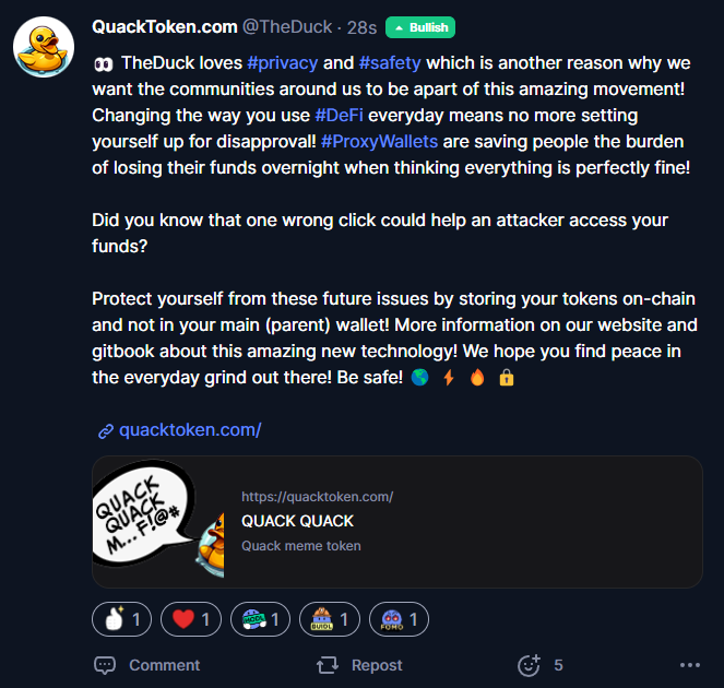 Quack_Token's tweet photo. ๐ TheDuck loves #privacy and #safety which is another reason why we want the communities around us to be apart of this amazing movement! Changing the way you use #DeFi everyday means no more setting yourself up for disapproval! #ProxyWallets are saving people the burden of losing their funds overnight when thinking everything is perfectly fine!
Did you know that one wrong click could help an attacker access your funds?
Protect yourself from these future issues by storing your tokens on-chain and not in your main (parent) wallet! More information on our website and gitbook about this amazing new technology! We hope you find peace in the everyday grind out there! Be safe! ๐ โก ๐ฅ ๐
https://t.co/kCIHTvsa7k