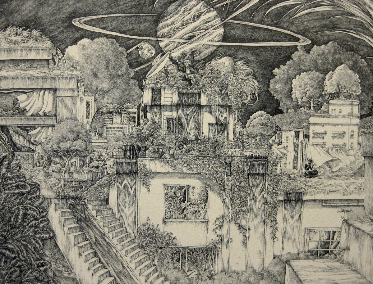 屋上庭園、絵を描き始めた高校生の頃から好きなモチーフでいろんなバリエーションを作りたくなって増やし中です。 写真3枚目はもう10年前に描いたもの。すごく大きい作品でした。 電車とかに乗っていても建物の屋上とかず〜っとみてしまうんですよね昔から。