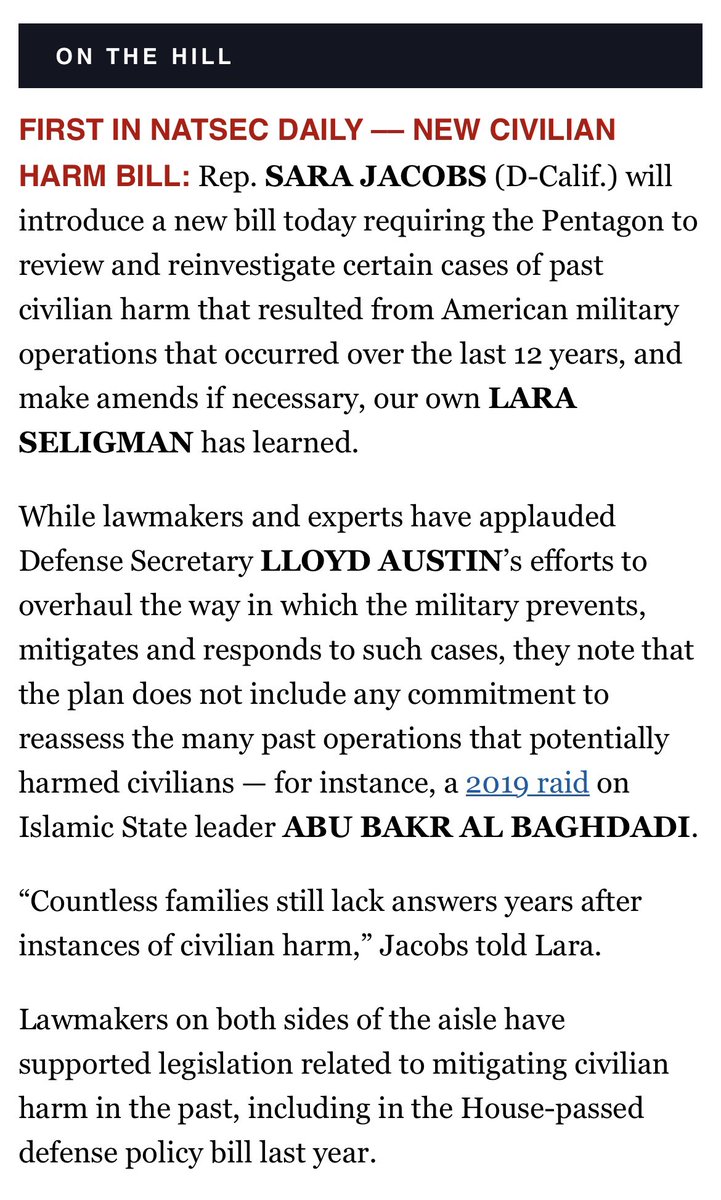 DanielEstrin's tweet photo. NPR’s Baghdadi raid investigation prompted Congress members @RepSaraJacobs @RoKhanna @RepJasonCrow to introduce a bill requiring @DeptofDefense to reinvestigate civilian casualty claims from US military operations since 2011.

https://t.co/LAttaeIORD

https://t.co/orHPzgnHcd https://t.co/fCYBpgdPla