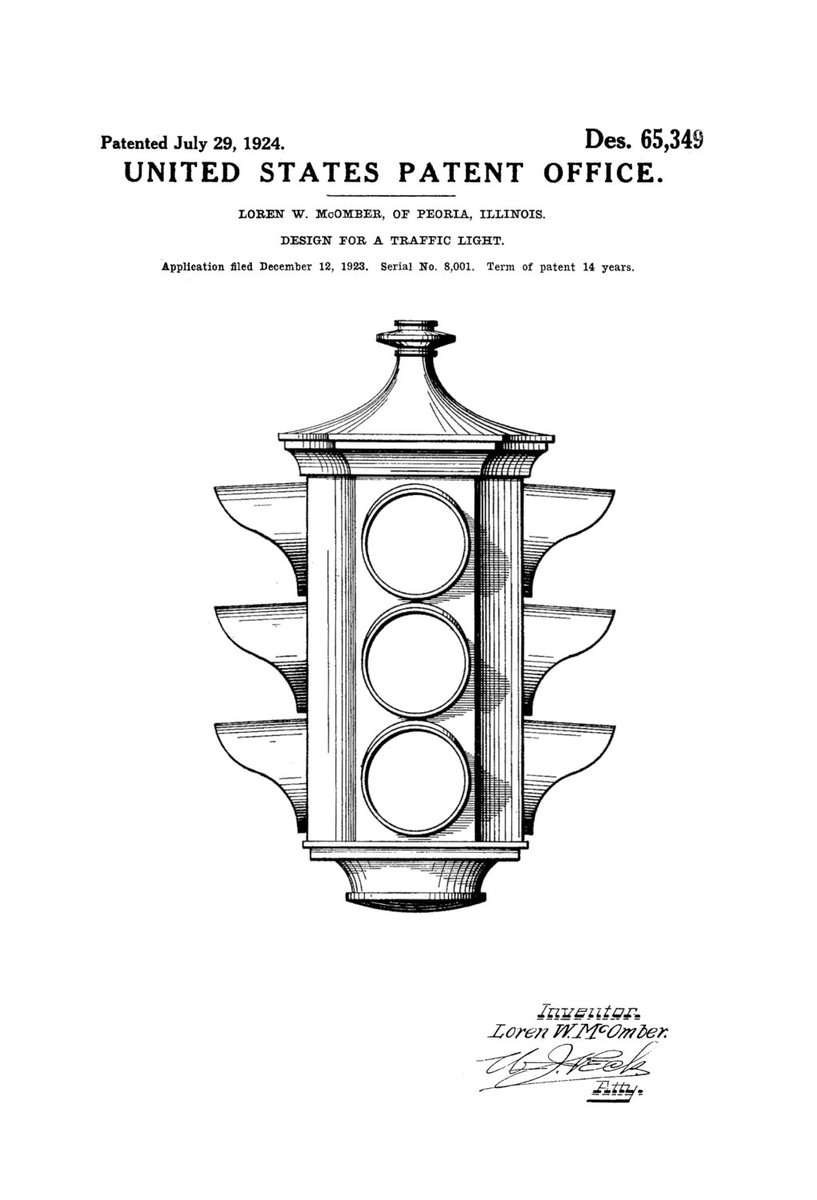AdamMossoff's tweet photo. On this date in #innovation history: Loren McOmber receives a design #patent in 1924 for his #creative, now-famous design of the three-way traffic light #IPMatters #InnovationIsCreative #GoDogGo @uspto https://t.co/Nw9wpTCLl1