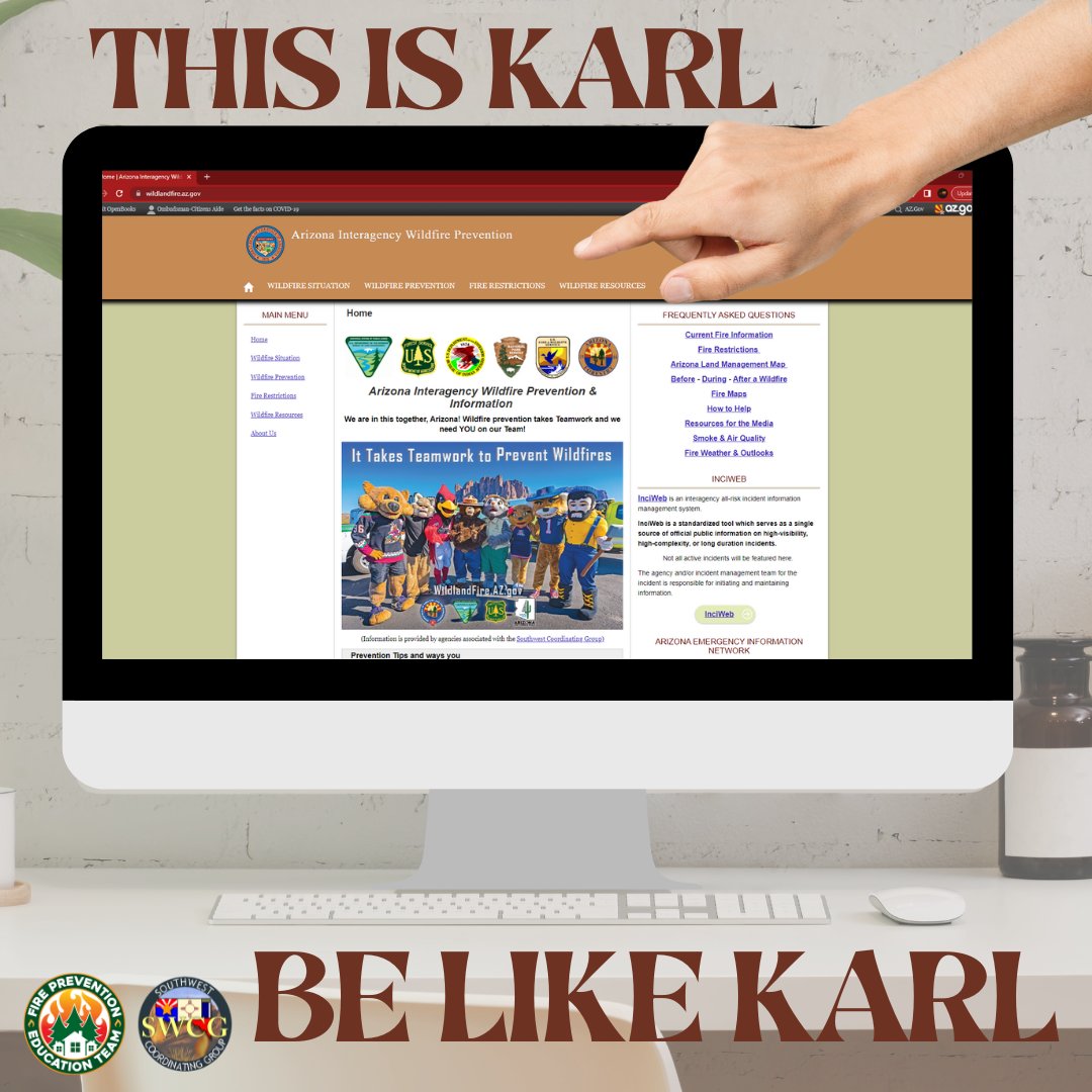 FirePrevTeam's tweet photo. This is Karl. Karl teaches his family & friends to visit https://t.co/fE9ZqxsfAj to find the latest information on #FireRestrictions & #WildfirePrevention. Be Like Karl!
#DoTheRightThing & SHARE now with your friends & family.
#OnlyYou #OneLessWildfire #KnowBeforeYouGo #NFPET https://t.co/ZqcfQN9S80