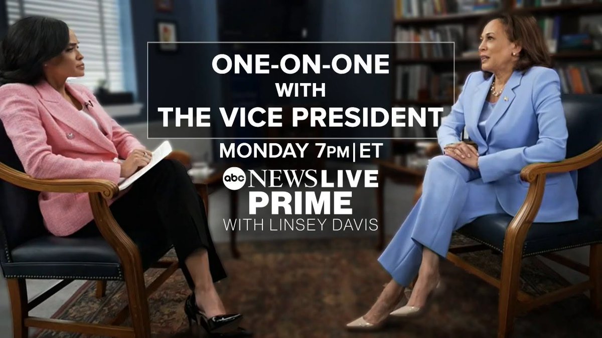 ABC NEWS ANNOUNCES “PRIME” ANCHOR LINSEY DAVIS’ EXCLUSIVE INTERVIEW WITH VICE PRESIDENT KAMALA HARRIS
 
Interview Airs Monday, July 31 on ABC News Live’s “Prime with Linsey Davis” and Across ABC News Programs and Platforms
 
First Look Airs tomorrow on “This Week”