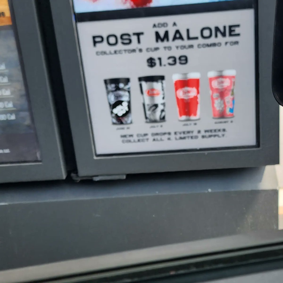 MySideLaundryRm's tweet photo. On the channel, I mentioned many times that the era of fast food collectors glasses is sadly missed nowadays.

Then I saw this.

We went from Smurfs and Star Wars to Post Malone.

Either way, glad the trend is back... for a limited time, of course. https://t.co/cun6Fusytw