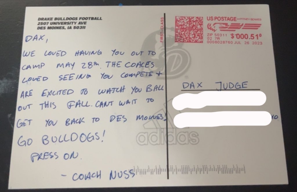 DaxJudge's tweet photo. Thank you to the @DrakeBulldogsFB coaching staff for sending some love!  Can’t wait to be back in Des Moines!
@coachcjnuss https://t.co/tUNUOCy95v