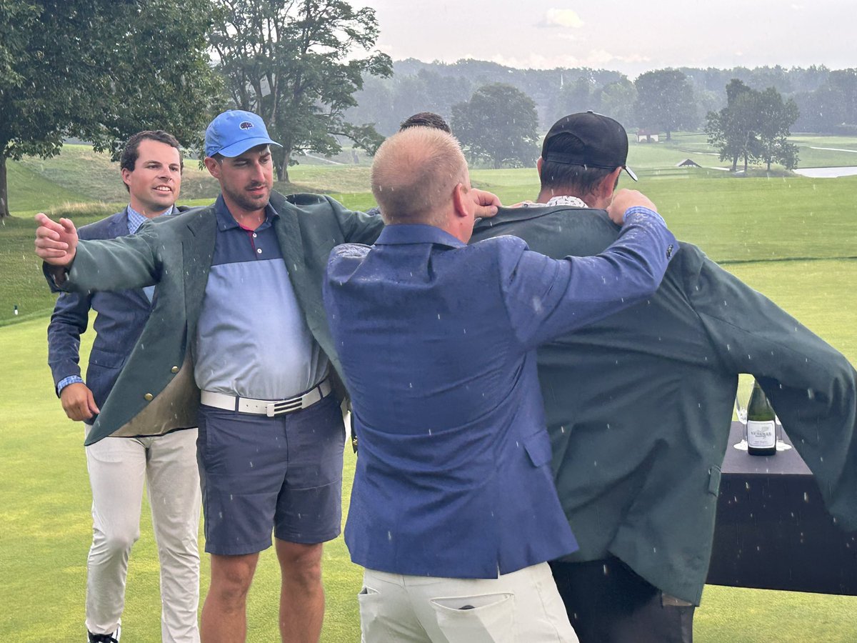 EWints's tweet photo. @tgsports Matt Jose of Framingham and Steve Scannell of Worcester receive their green jackets for winning the 101st Worcester Country Club Invitational. @tgsports https://t.co/qWseSvTgTn