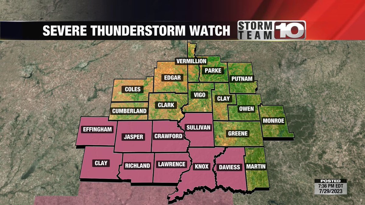 StormTeam_10's tweet photo. A Severe Thunderstorm Watch has been issued for highlighted portions of the Wabash Valley until 7/29 9:00PM CDT.

Stay with Storm Team 10 for the latest information. https://t.co/xXiUXk6JKJ