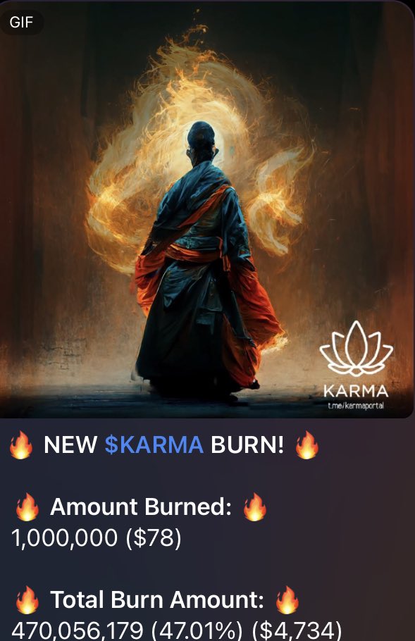 We were at 46.9% burnt, only .1% away from 47%, so we decided to burn another 1 million $Karma from our community wallet

Now we are at 47% burnt! Next up is 48%

Karma is real

#Karma is forever

We will never give up, only get better 

0xebe05c1fc5a8ceb0fc3c1d2c22097bde76cb1773