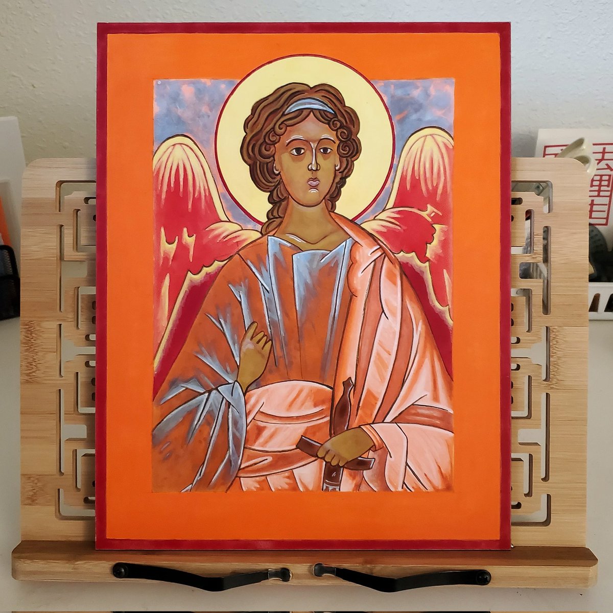 DkAtelier's tweet photo. My most recent icon painting: Guardian Angel. It's acrylic on gesso board, 11' x 14". Perhaps you need a reminder that your angel is watching out for you and fighting battles you cannot see. Visit my website: https://t.co/NmG1Fu4giJ 
#icons #guardianangel #art https://t.co/gvuWd6ogao