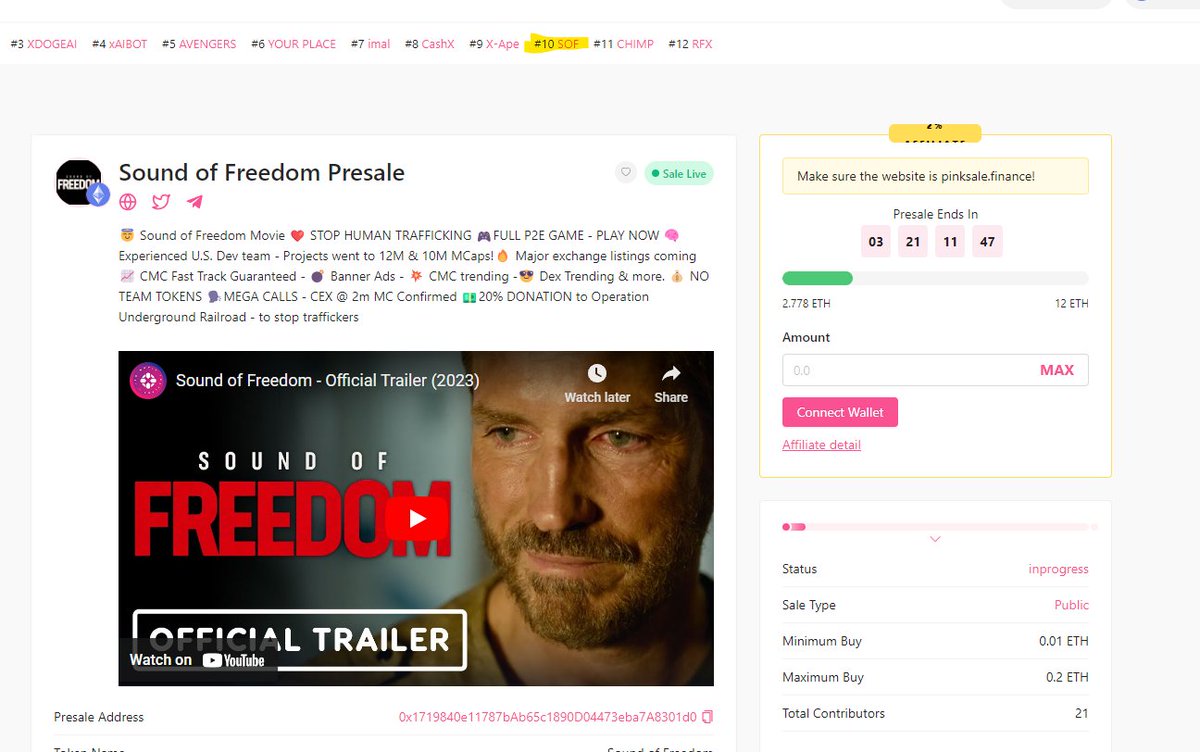 SOFToken's tweet photo. #10 Trending on Pinksale!!!!!  Lets destroy that soft cap

#SOF #ETH #SoundOfFreedom https://t.co/i9rQXTB5D5