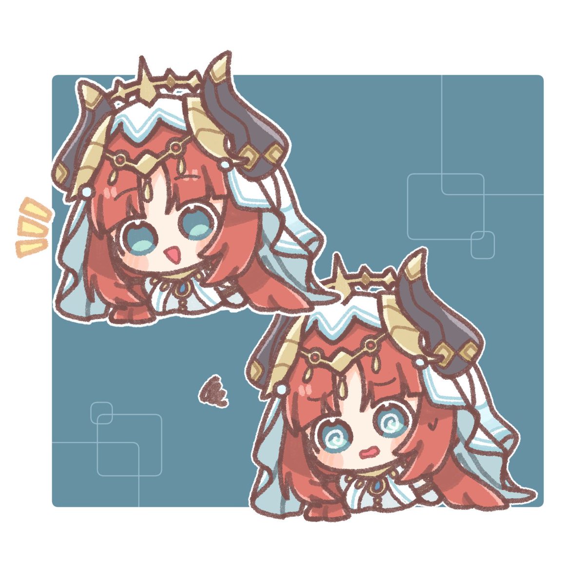 nilou (genshin impact) 1girl veil @ @ horns chibi red hair multiple views  illustration images