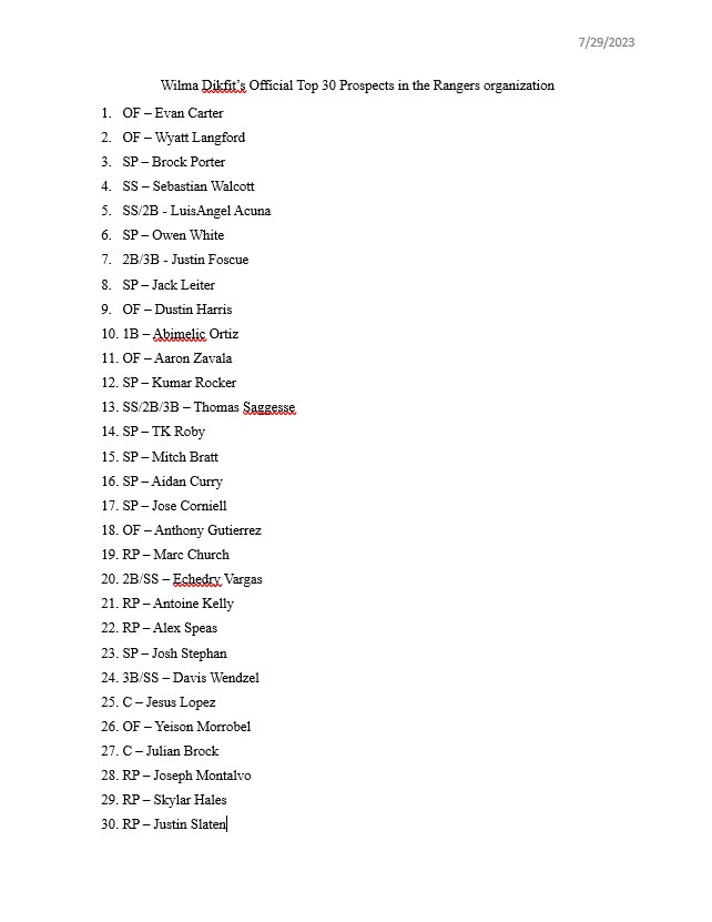 TheRealMcDrip's tweet photo. My official top 30 prospects in the Texas Rangers farm system:
- If Healthy, Kumar would be significantly higher.
-Sebastian Walcott may be young but he’s a dude. He’s going to be at the top of the farm or near the top in no time.
-This is only a midseason update #StraightUpTX https://t.co/WGjiimhvHk