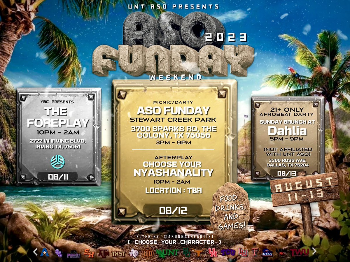 THE FULL ASO FUNDAY LINEUP 🌟

-08/11: Jersey Party (Hosted by: YBC)
-08/12: The MAIN event + an afterplay (Hosted by: UNT ASO)
-08/13: Recovery (at a local brunch club, 21+)

Presales for the FUNDAY after-play are now available below. Limited quantity so get them while you can!